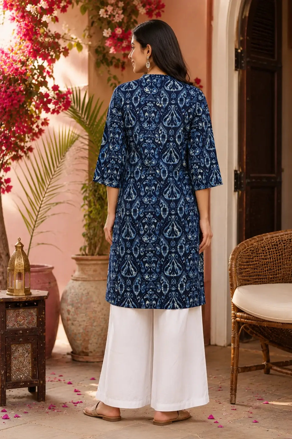 Back view of Rabric indigo blue cotton long kurti for women with traditional print and comfortable straight fit design