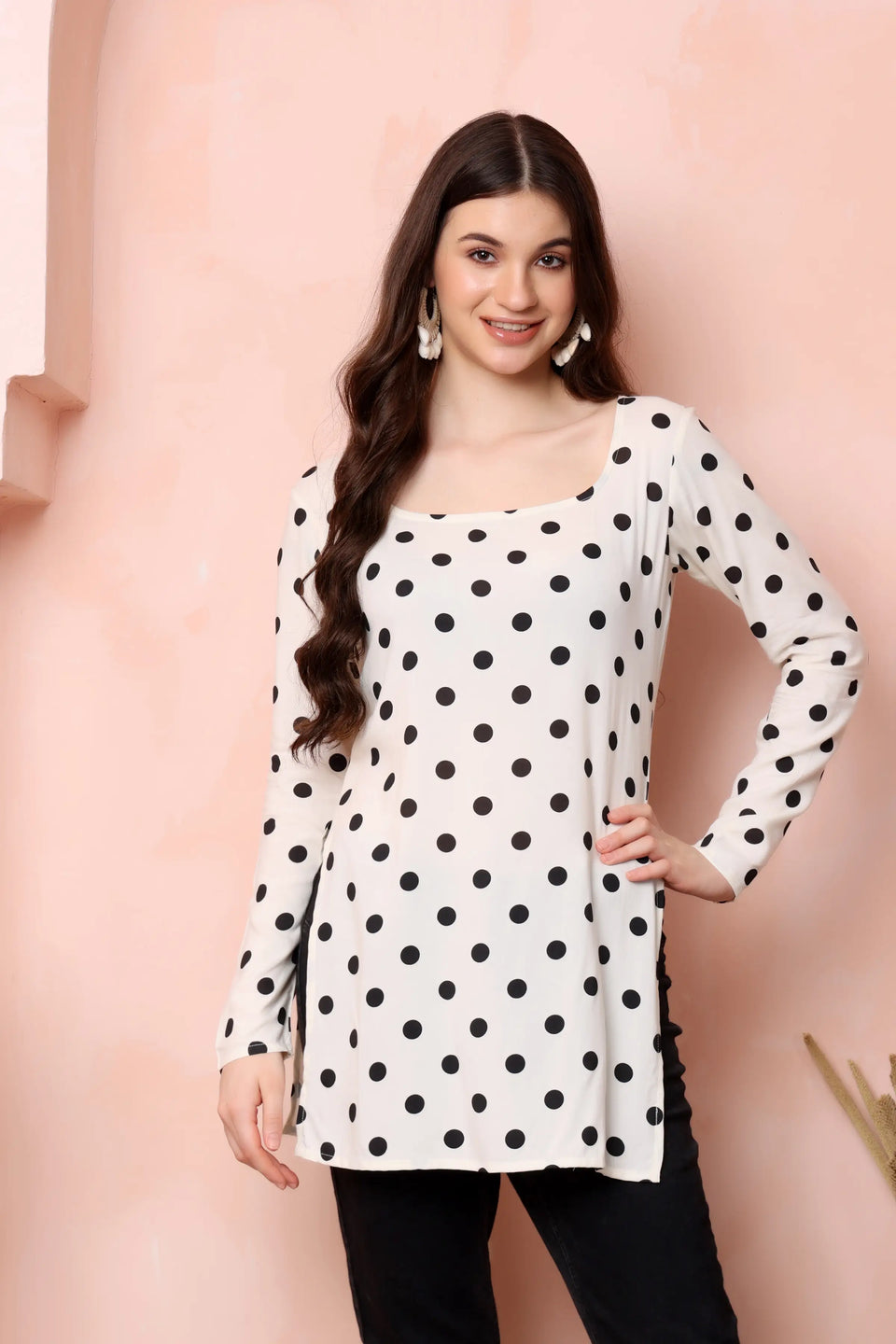 RABRIC ivory white and black polka dot viscose rayon short kurti fabric and print close-up