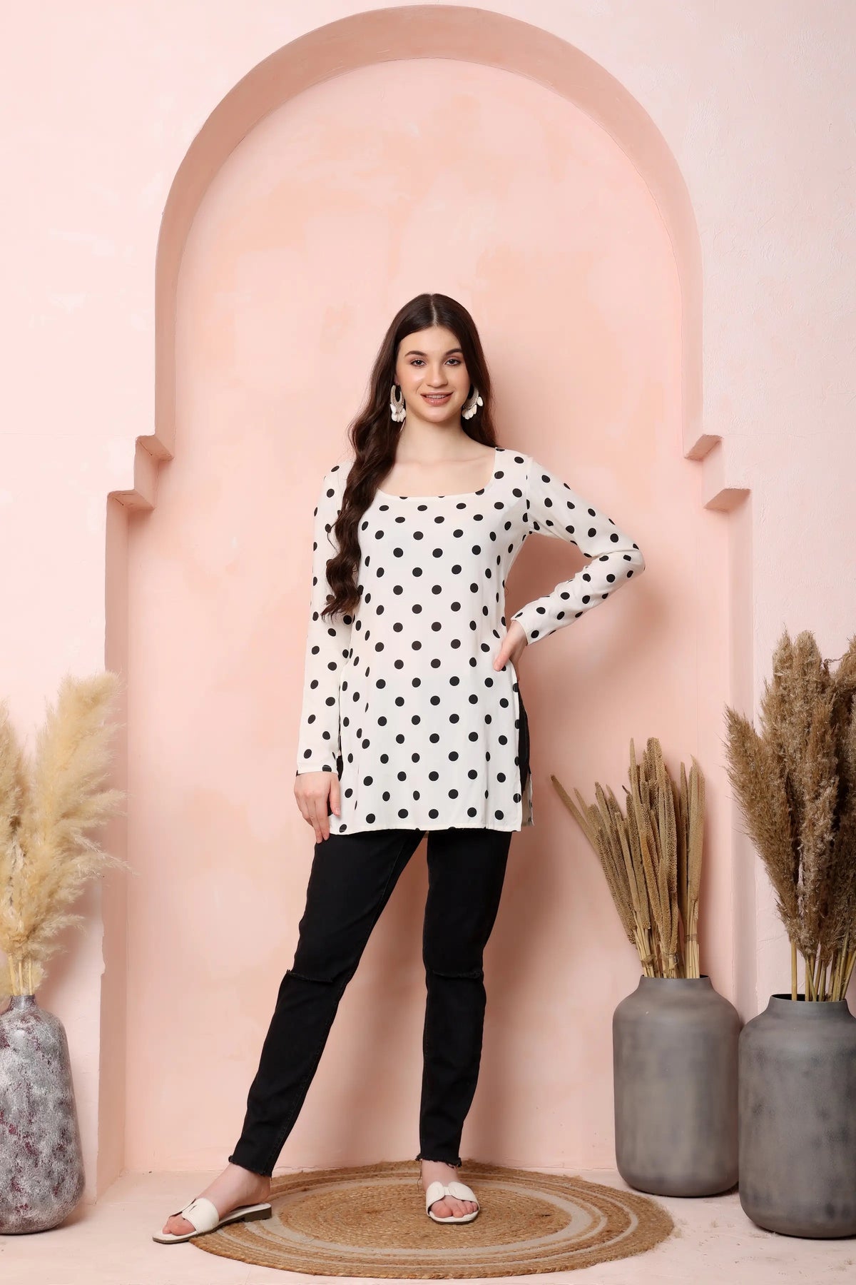 RABRIC ivory white and black polka dot viscose rayon short kurti for women lifestyle look