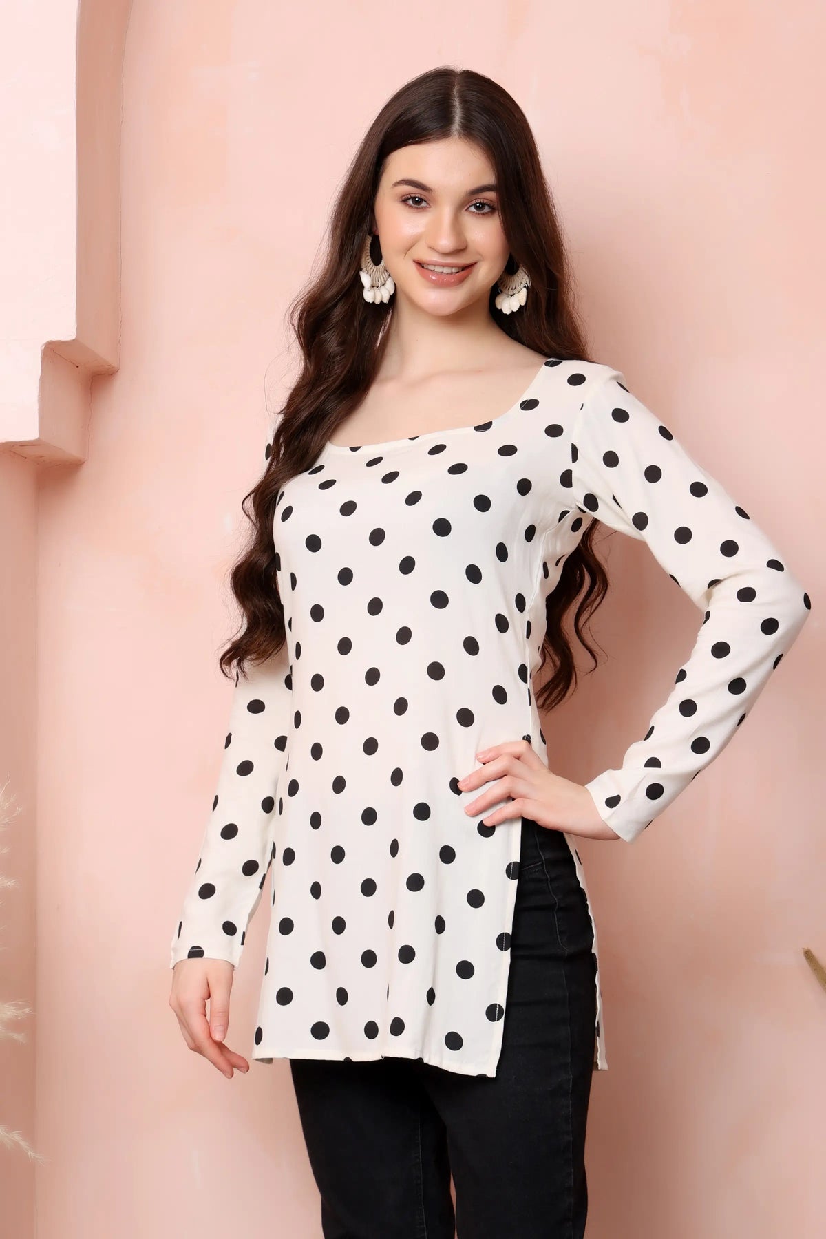 RABRIC ivory white and black polka dot viscose rayon short kurti side view with straight fit