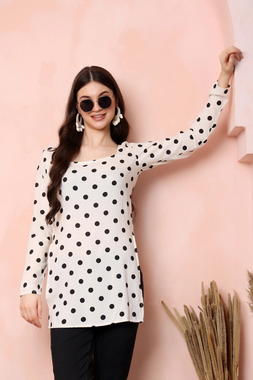 RABRIC ivory white and black viscose rayon polka dot short kurti styled for casual everyday wear