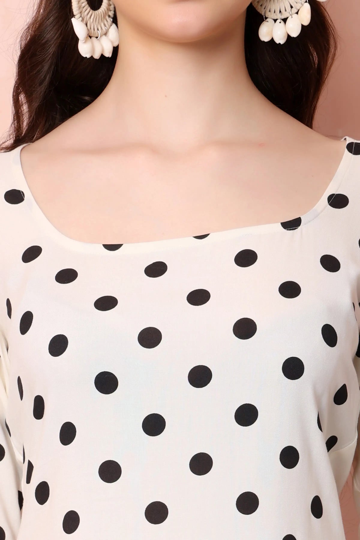 RABRIC ivory white and black viscose rayon polka dot short kurti square neck close-up