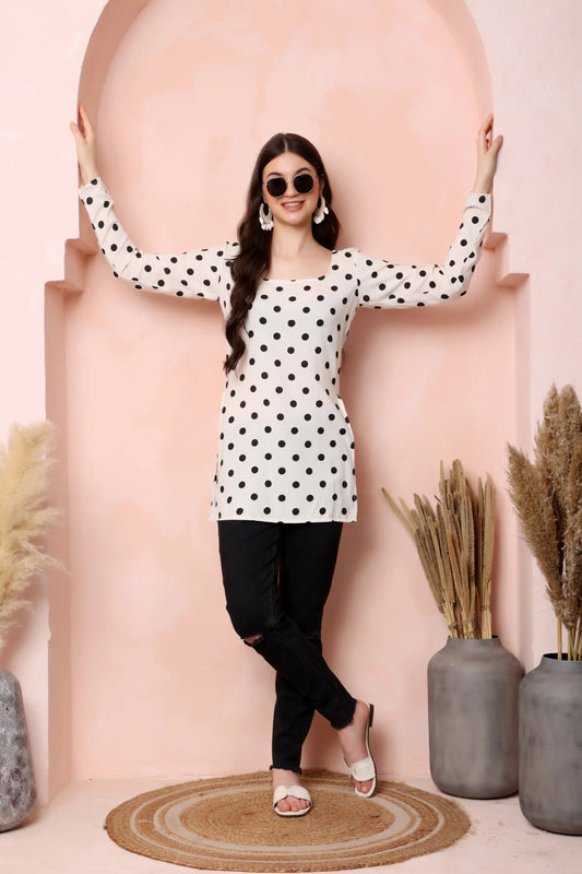 RABRIC ivory white and black polka dot viscose rayon short kurti for women front view