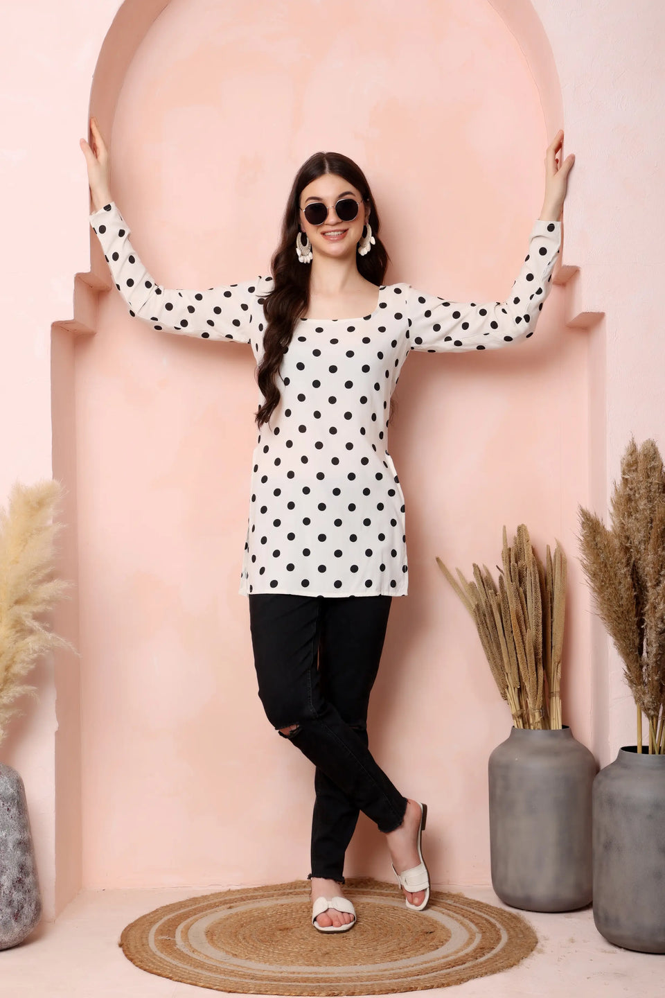 RABRIC ivory white and black polka dot viscose rayon short kurti for women front view