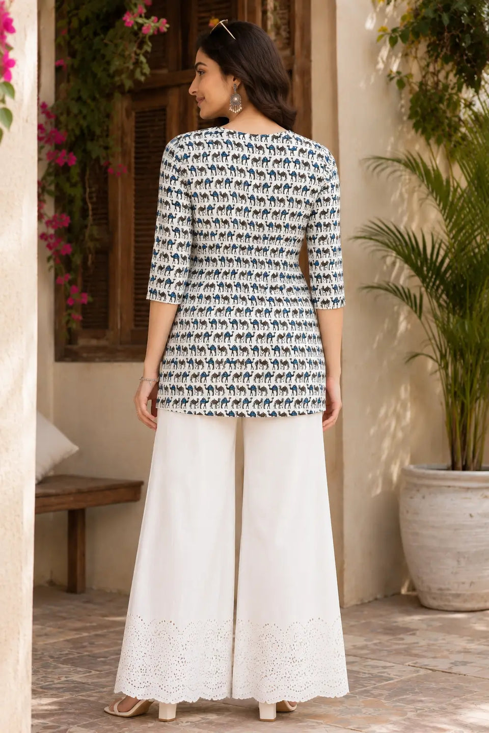 Back view of Rabric ivory cotton camel print women short top with elastic upper back and 3/4 sleeves