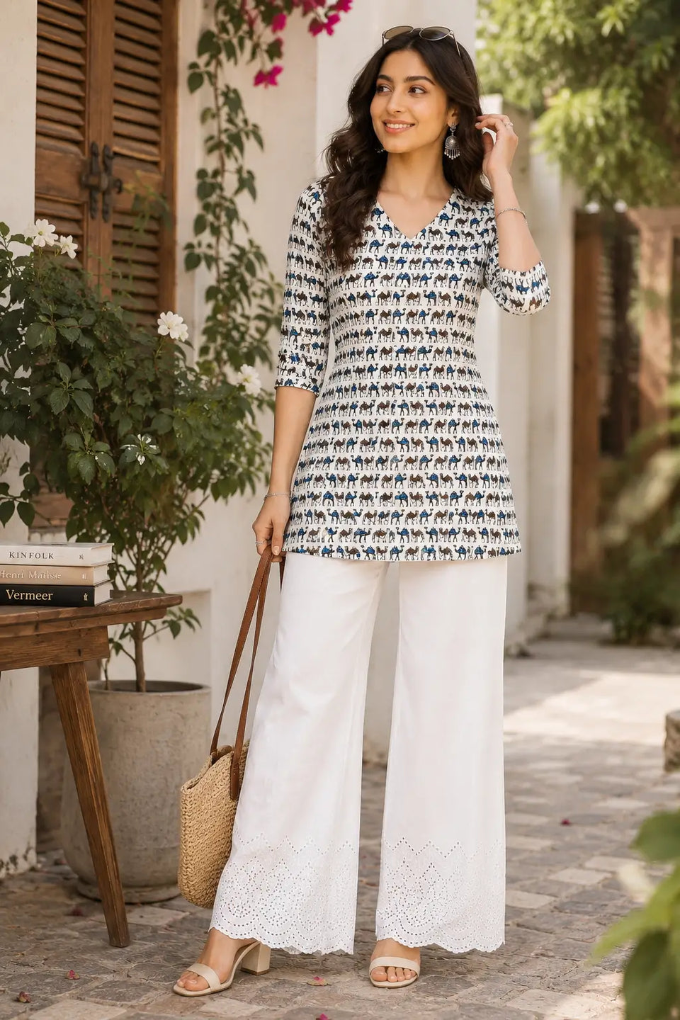 Stylish Indian woman wearing Rabric ivory cotton camel print short top with white palazzo in lifestyle fashion shoot