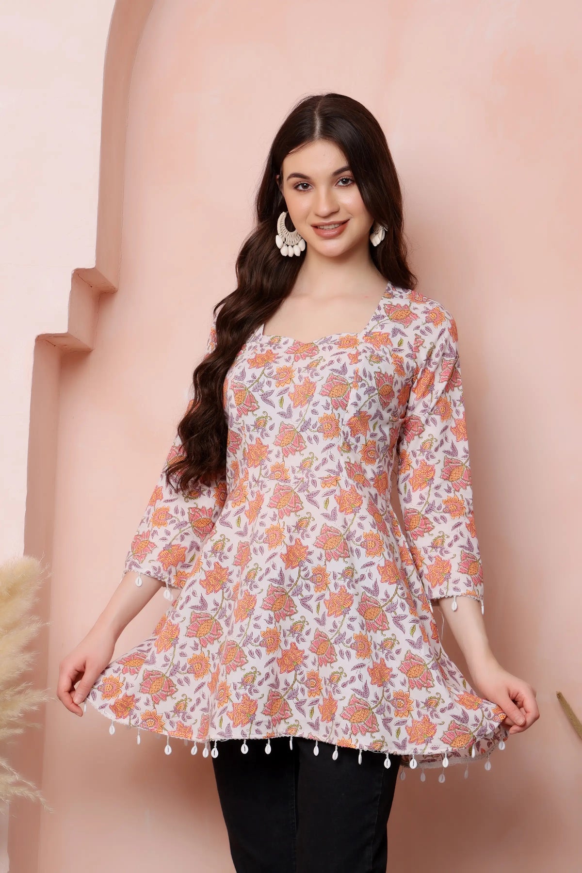 RABRIC ivory floral pure cotton short kurti styled for casual everyday wear