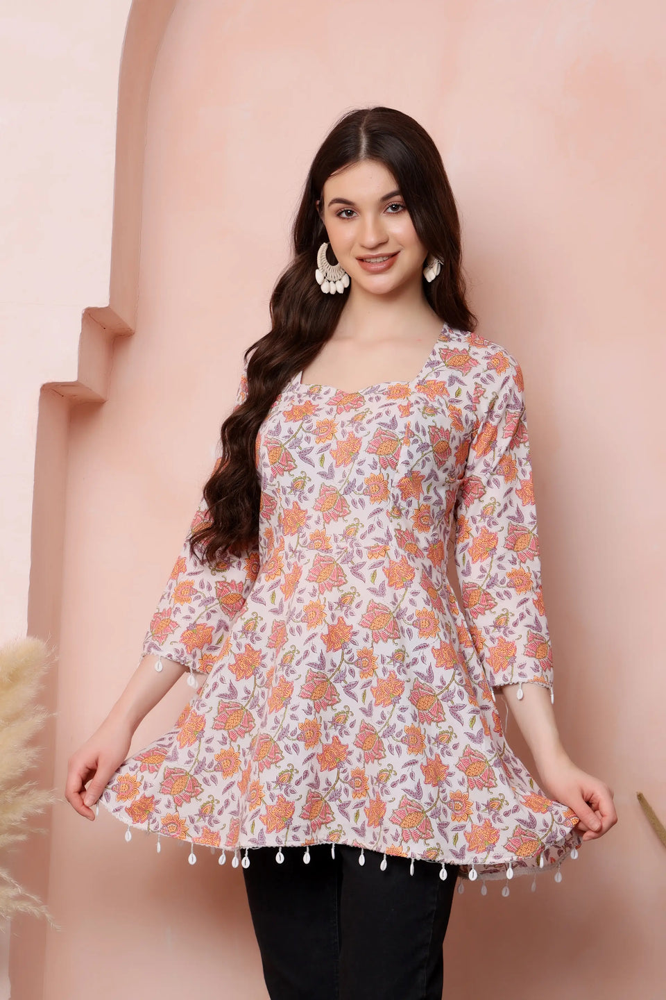 RABRIC ivory floral pure cotton short kurti styled for casual everyday wear