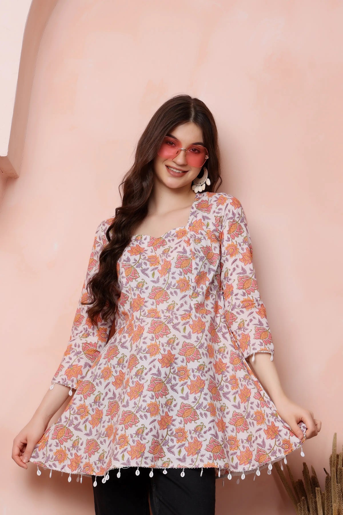 RABRIC ivory floral pure cotton short kurti for women styled for a casual day out