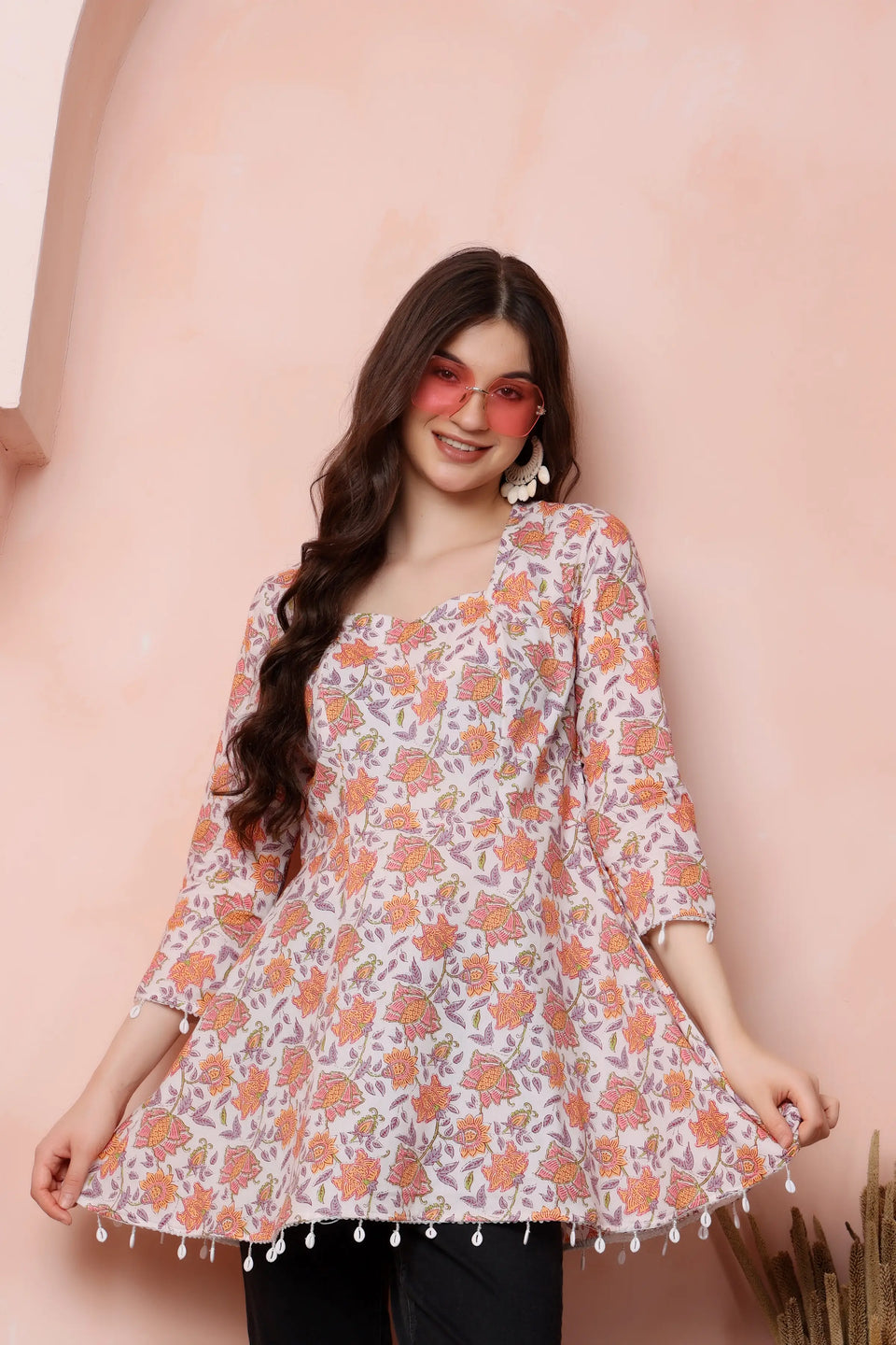 RABRIC ivory floral pure cotton short kurti for women styled for a casual day out