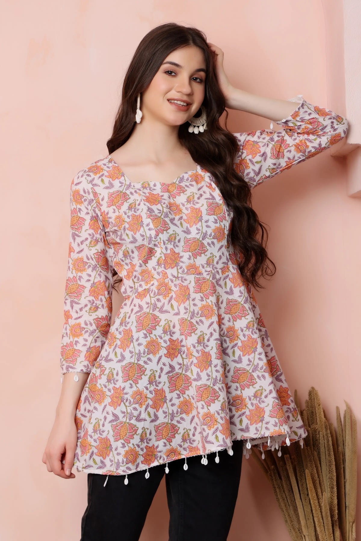 RABRIC ivory floral pure cotton flared short kurti for women side view