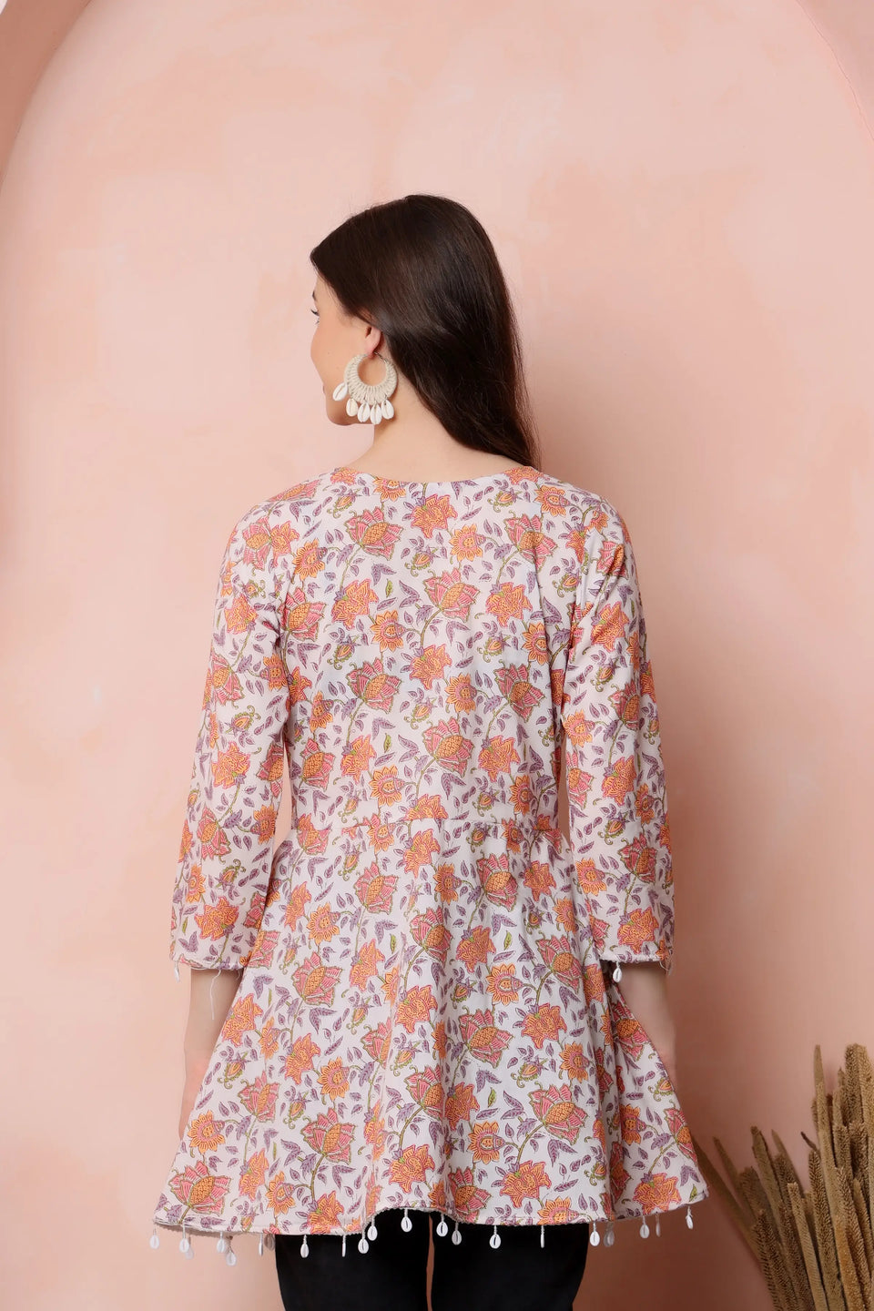 RABRIC ivory floral pure cotton short kurti for women back view