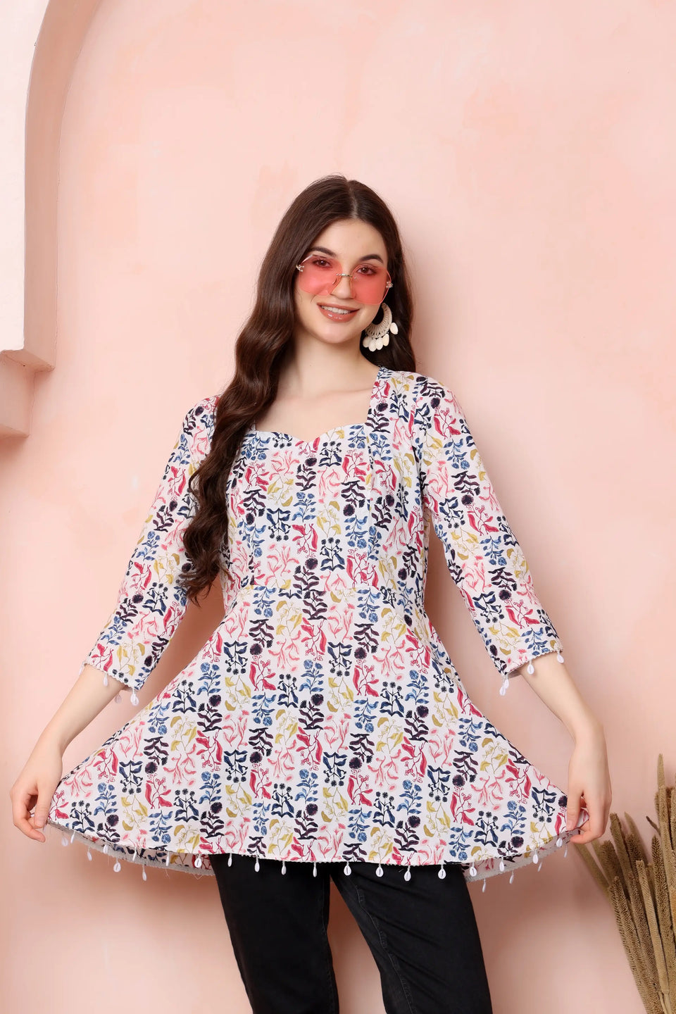 RABRIC ivory multicolour pure cotton flared short kurti for women styled for a casual lifestyle look