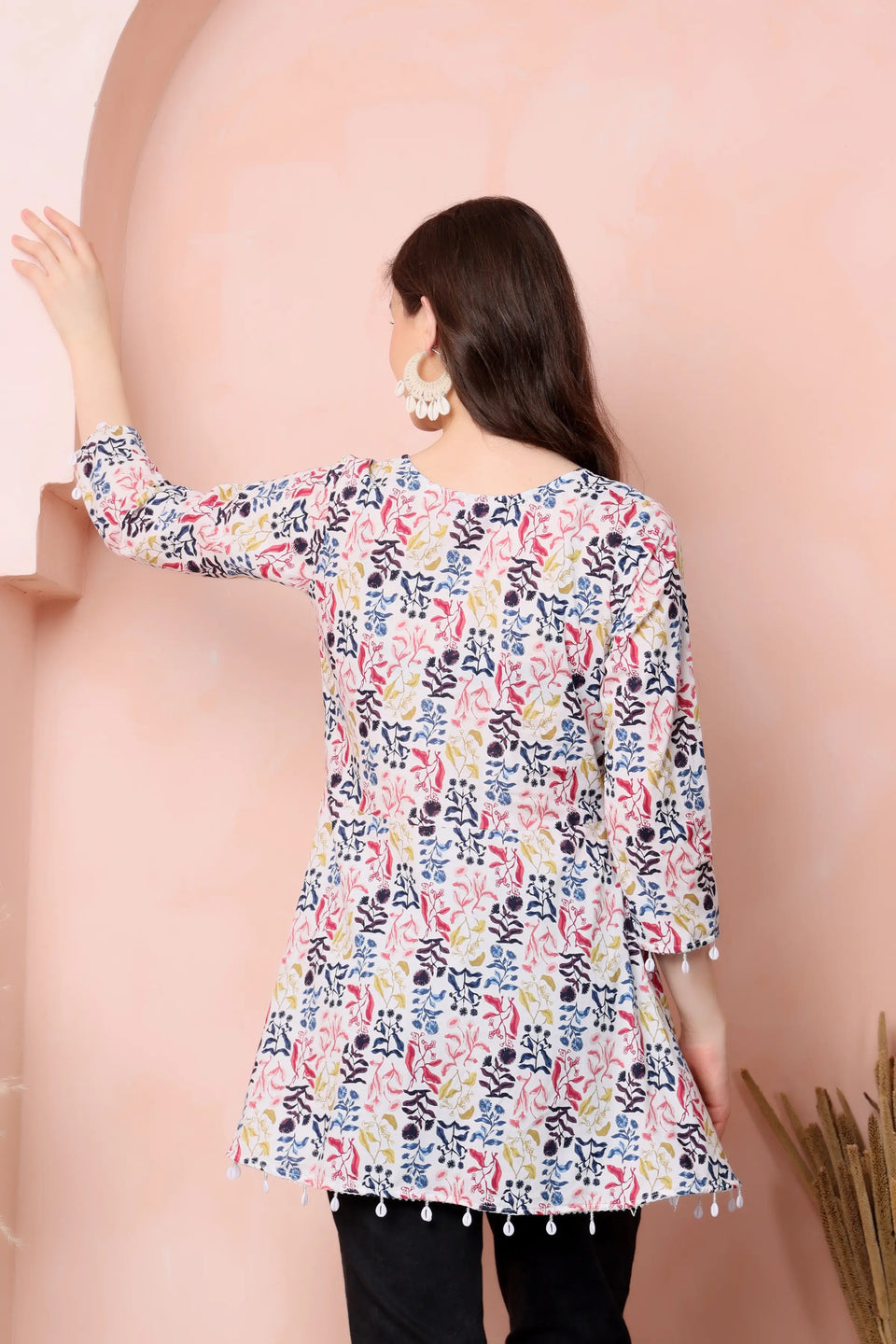 RABRIC ivory multicolour floral pure cotton short kurti for women back view