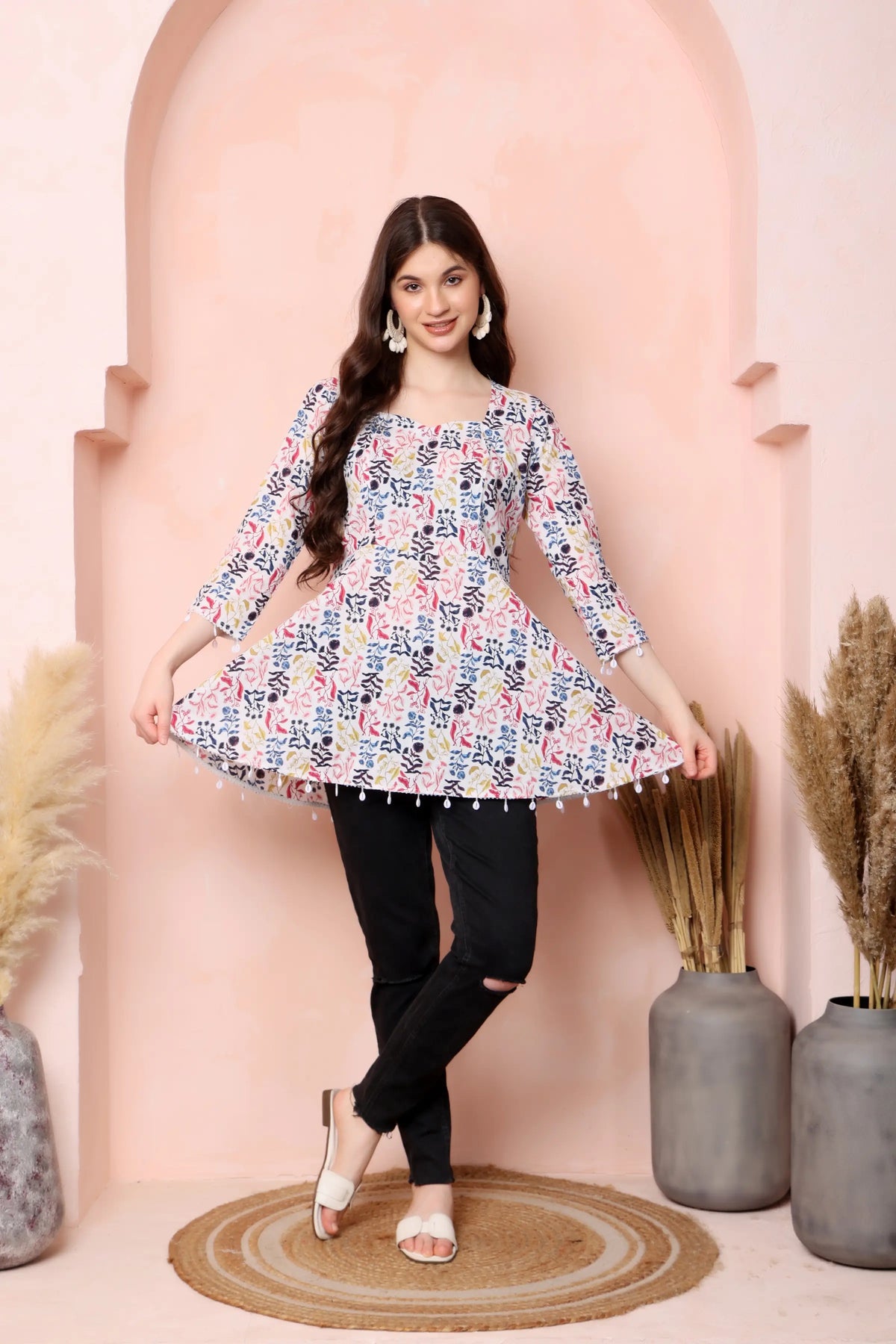 RABRIC ivory multicolour floral pure cotton short kurti for women in a casual everyday look