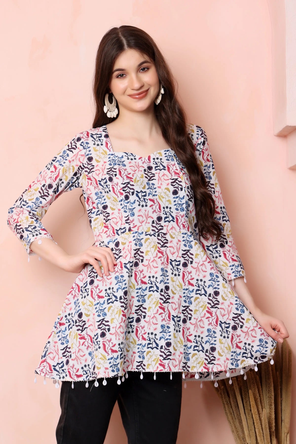 RABRIC ivory multicolour floral pure cotton short kurti for women side view with flared silhouette