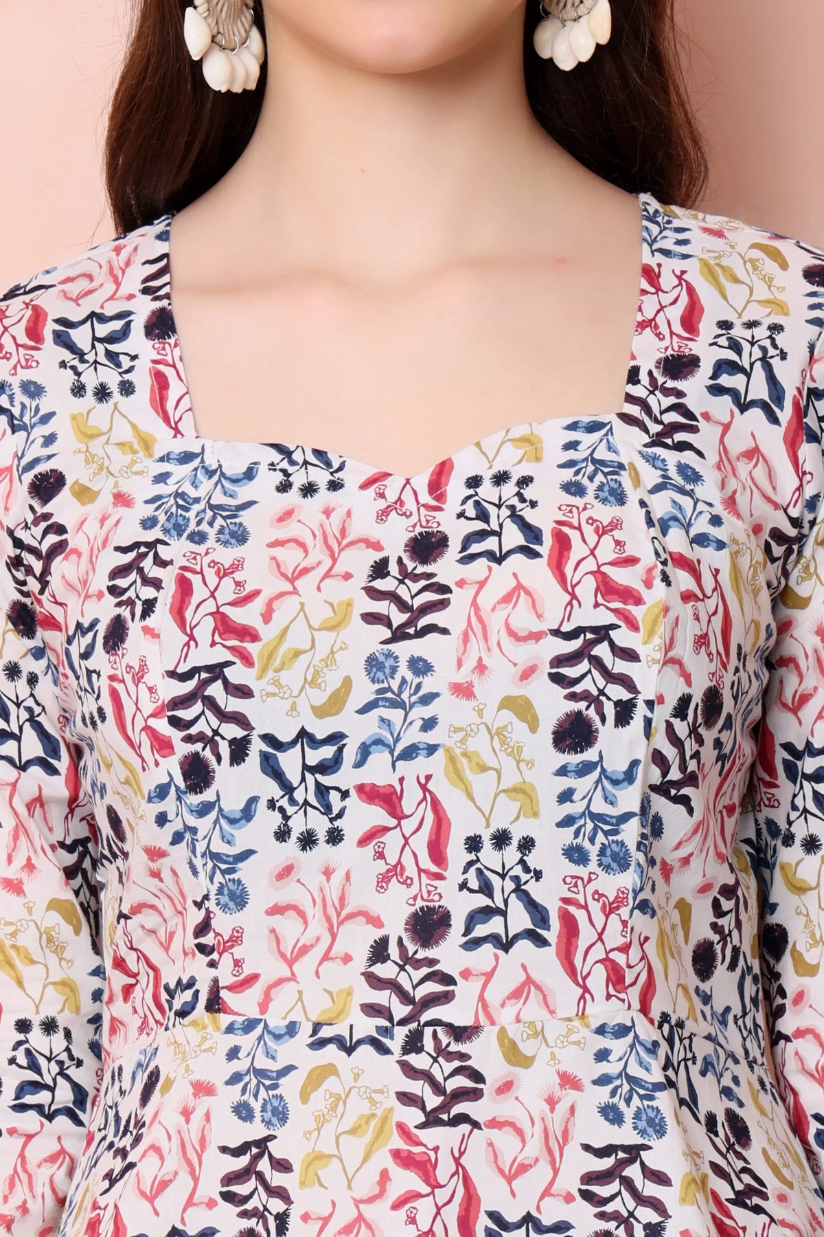 RABRIC ivory multicolour pure cotton floral short kurti square neckline close-up