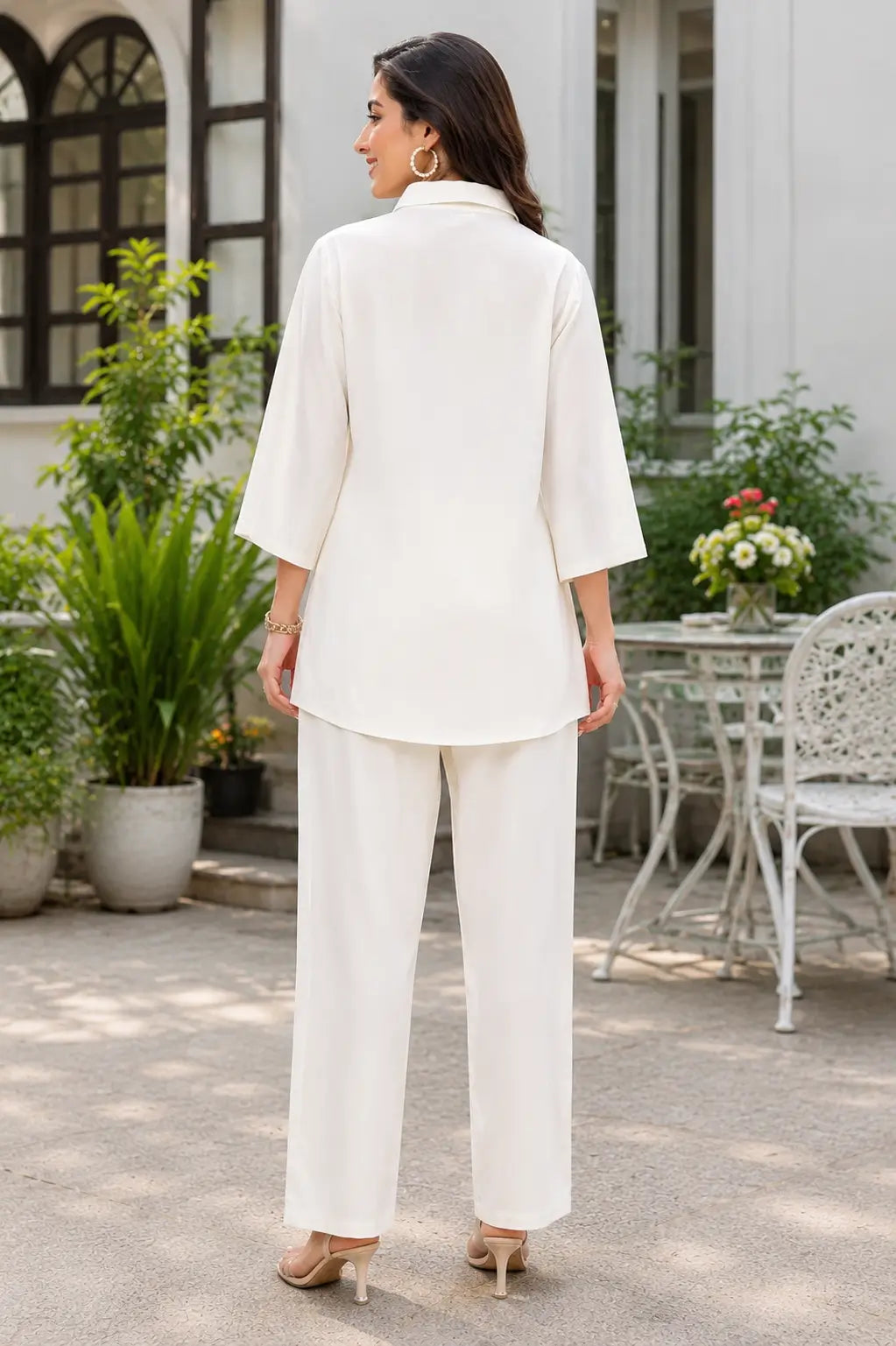 Back view of Rabric ivory rayon women’s co-ord set with plain short shirt, 3/4 sleeves and comfortable matching pants