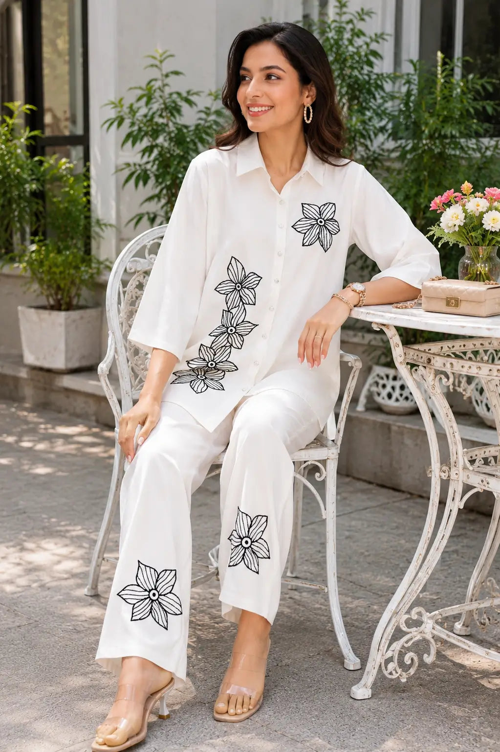 Lifestyle sitting pose of Rabric ivory rayon women’s co-ord set with black floral embroidery, casual accessories and elegant outdoor styling
