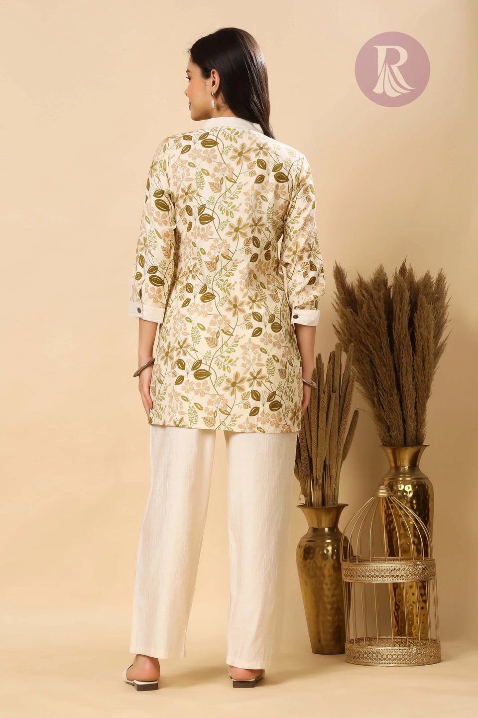 Back view of ladies cream floral co-ord set India by Rabric in premium Vertican Silk fabric