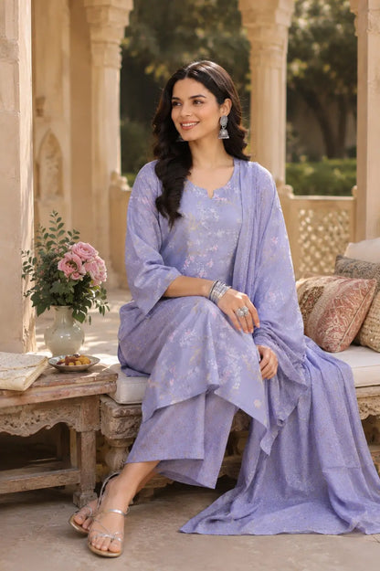 Rabric lavender cambric cotton floral kurta pant set with dupatta styled with accessories for modern women ethnic fashion