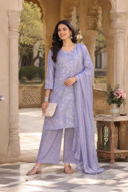 Rabric lavender cambric cotton floral kurta pant set with dupatta for women front view ethnic Pakistani style suit in soft pastel purple shade