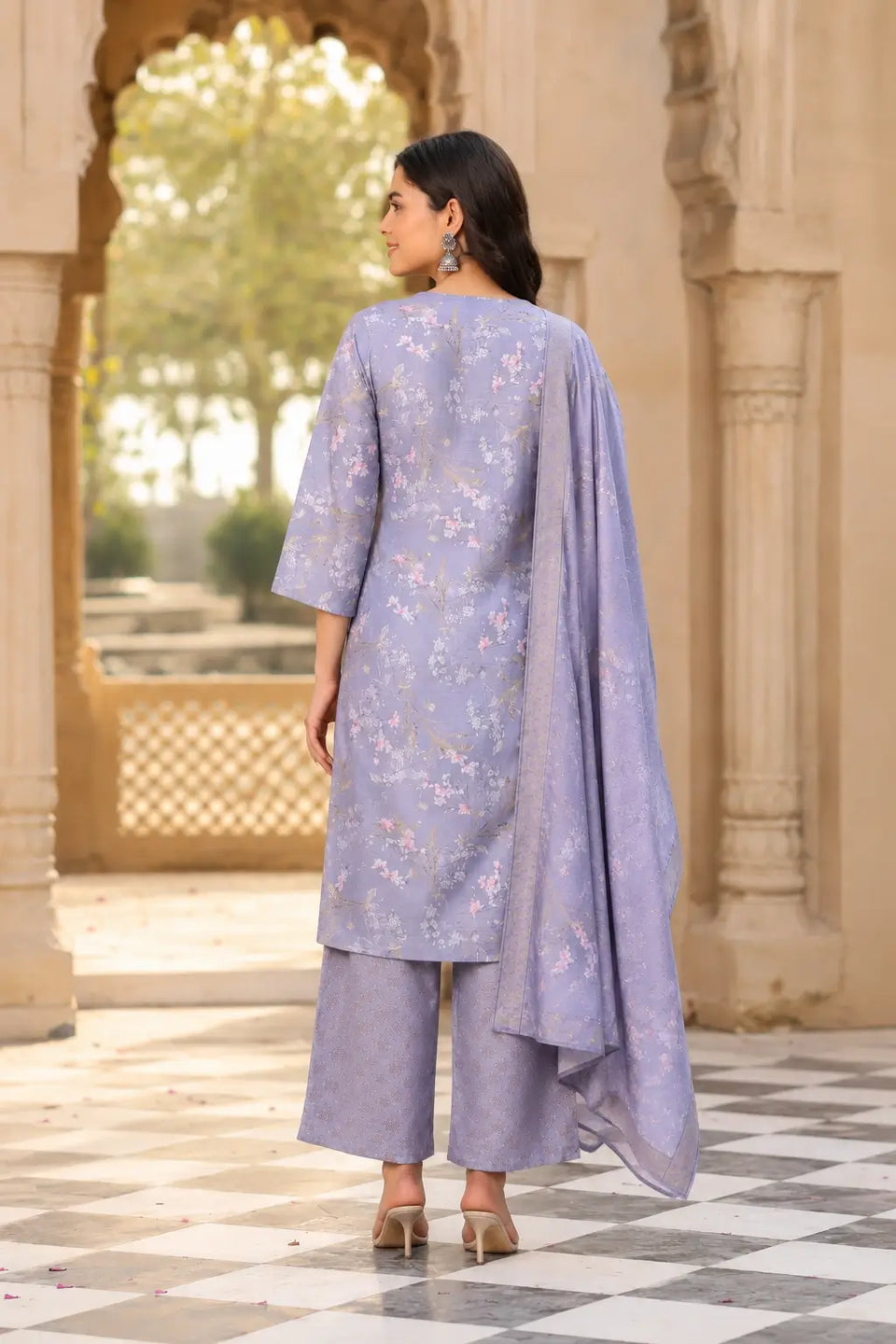 Back view of Rabric lavender cambric cotton printed kurta pant set with dupatta for women elegant ethnic wear suit design