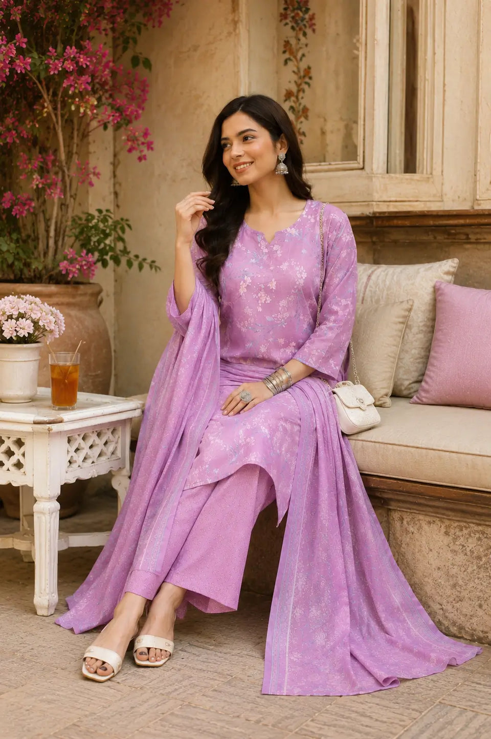 Rabric lavender pink cambric cotton floral kurta set with dupatta in elegant sitting lifestyle pose