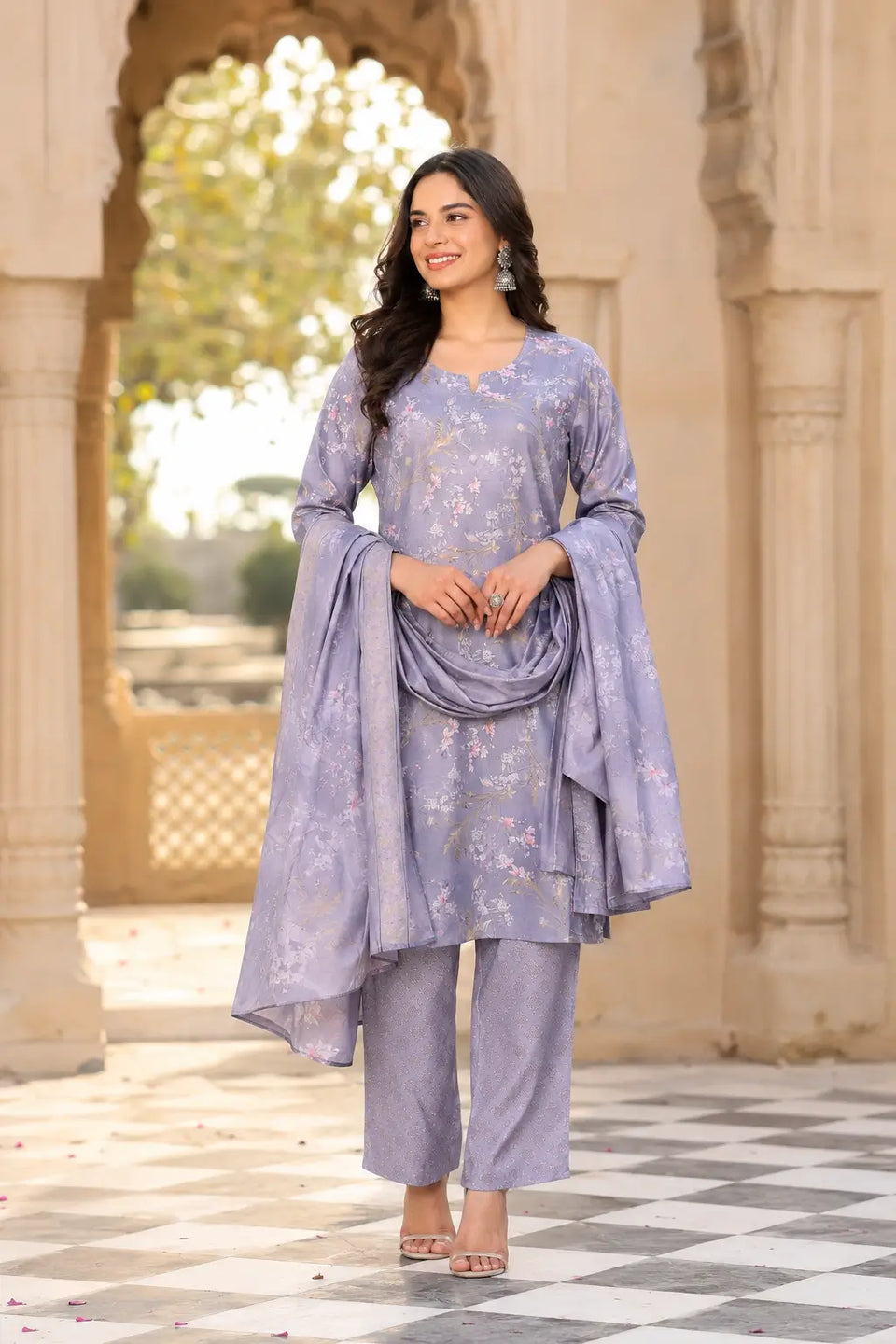 Lifestyle image of Rabric lavender cambric cotton kurta pant set with dupatta for women elegant Indian ethnic wear collection