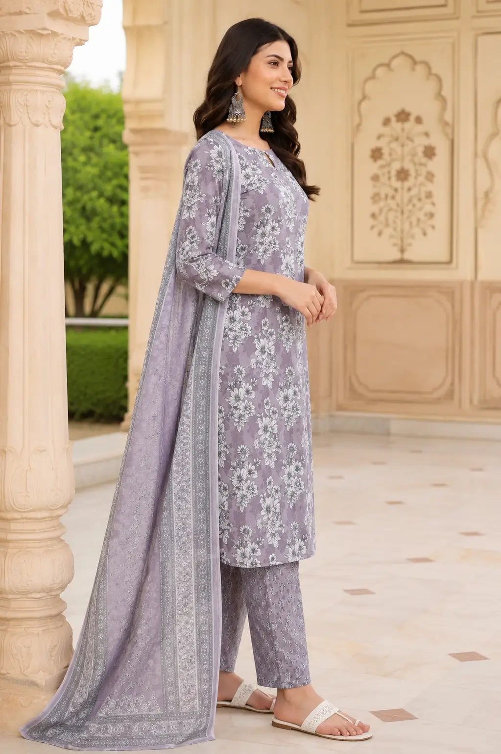 Side angle view of Rabric lavender floral cotton kurta pant dupatta set for women with elegant ethnic styling