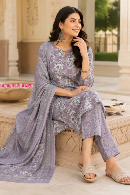 Rabric lavender floral cotton kurta pant set with dupatta in elegant sitting lifestyle pose for women ethnic fashion