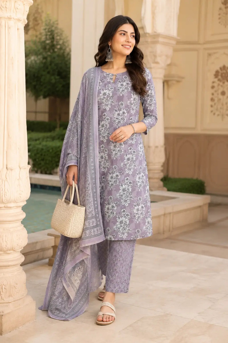 Rabric lavender floral cotton kurta pant set with dupatta lifestyle fashion look for women in elegant ethnic styling