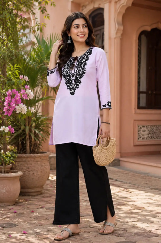 Rabric women lavender cotton embroidered short kurti front view with black floral embroidery and 3/4 sleeves