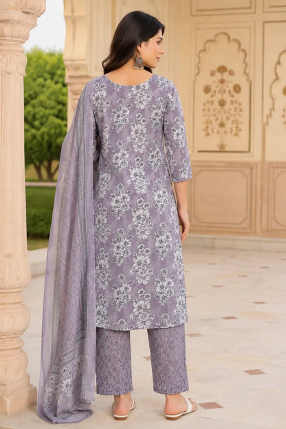 Back view of Rabric lavender floral cotton kurta pant set with dupatta for women featuring long straight kurta design