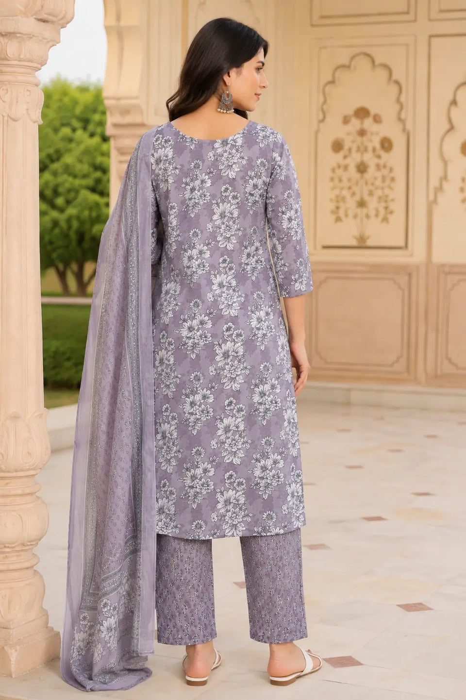 Back view of Rabric lavender floral cotton kurta pant set with dupatta for women featuring long straight kurta design