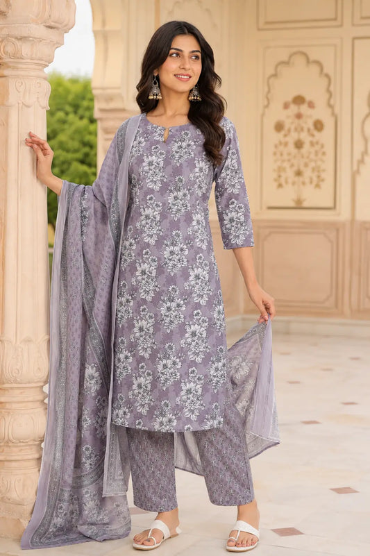 Rabric lavender floral cotton kurta pant set with dupatta for women front view featuring straight long kurta and 3-4 sleeves ethnic wear