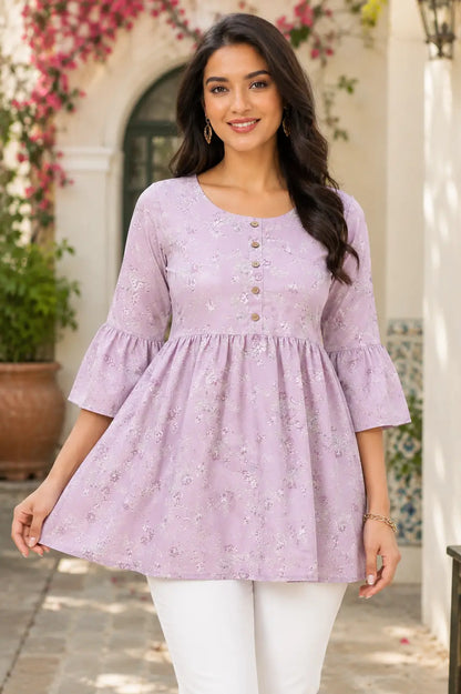 Rabric lavender floral cotton short top for women with 3/4 bell sleeves front view casual ethnic tunic top