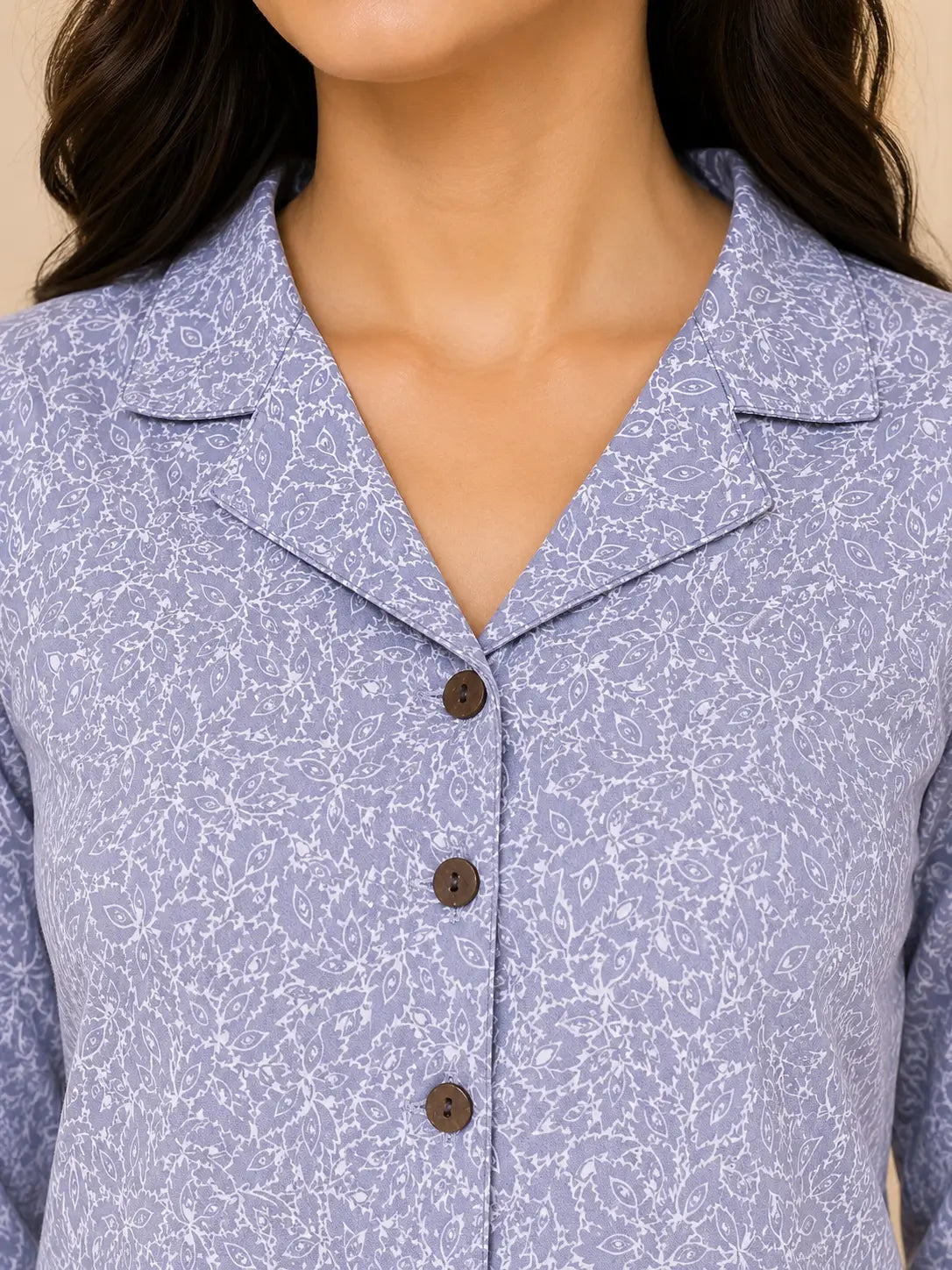 Close up collar neck design of Rabric lavender glace cotton women night suit with button-down shirt pattern