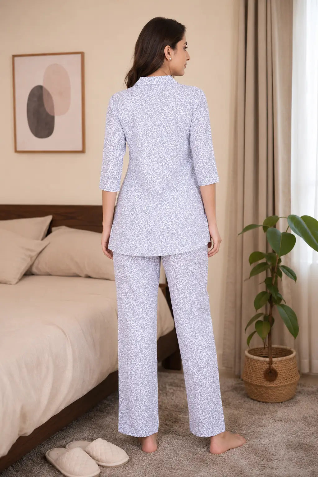 Back view of Rabric lavender glace cotton women nightwear co-ord set with floral print