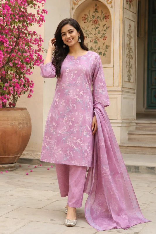 Rabric lavender pink cambric cotton floral kurta pant set with dupatta front view for women elegant ethnic wear