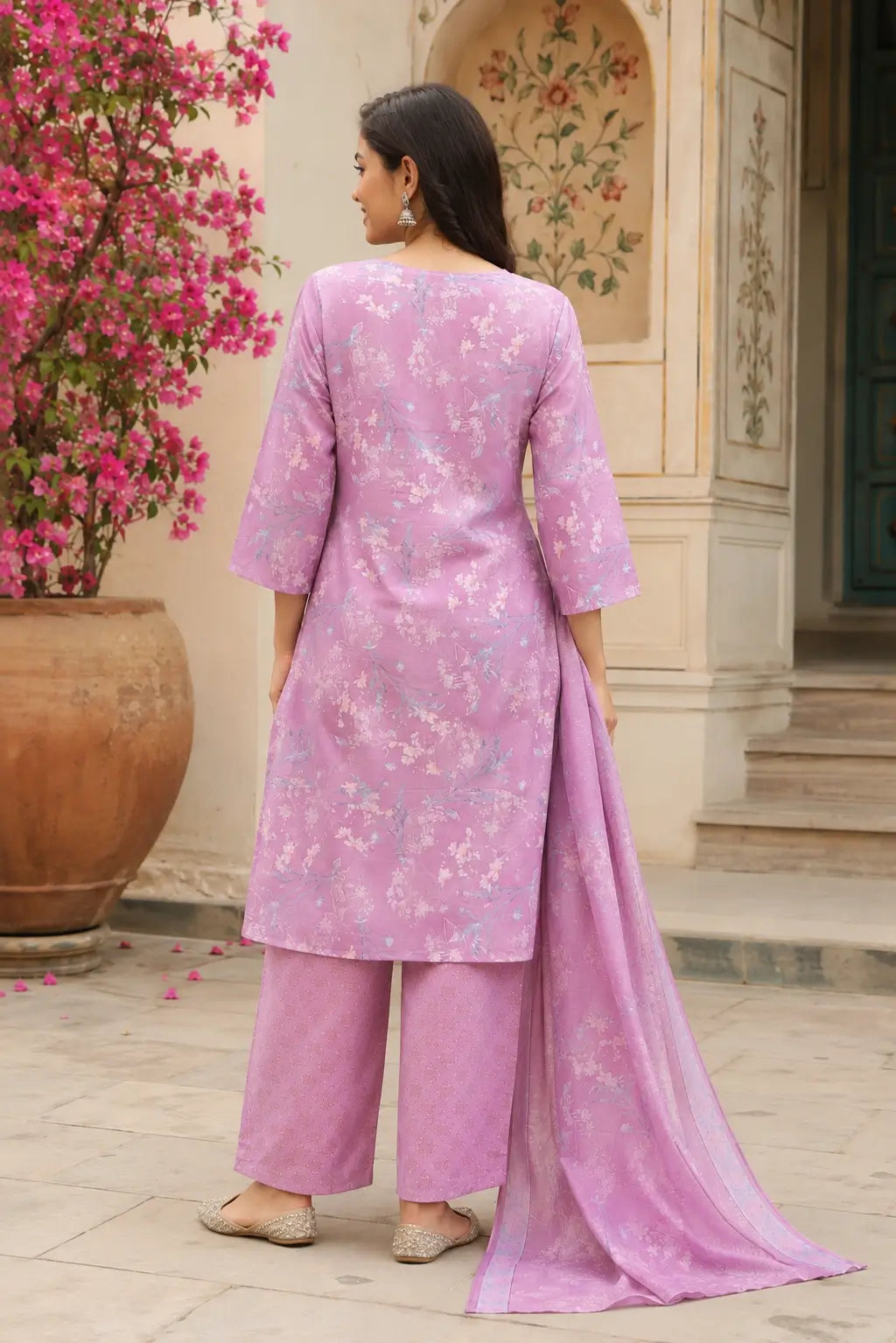 Back side view of Rabric lavender pink cambric cotton floral kurta pant set with matching dupatta for women