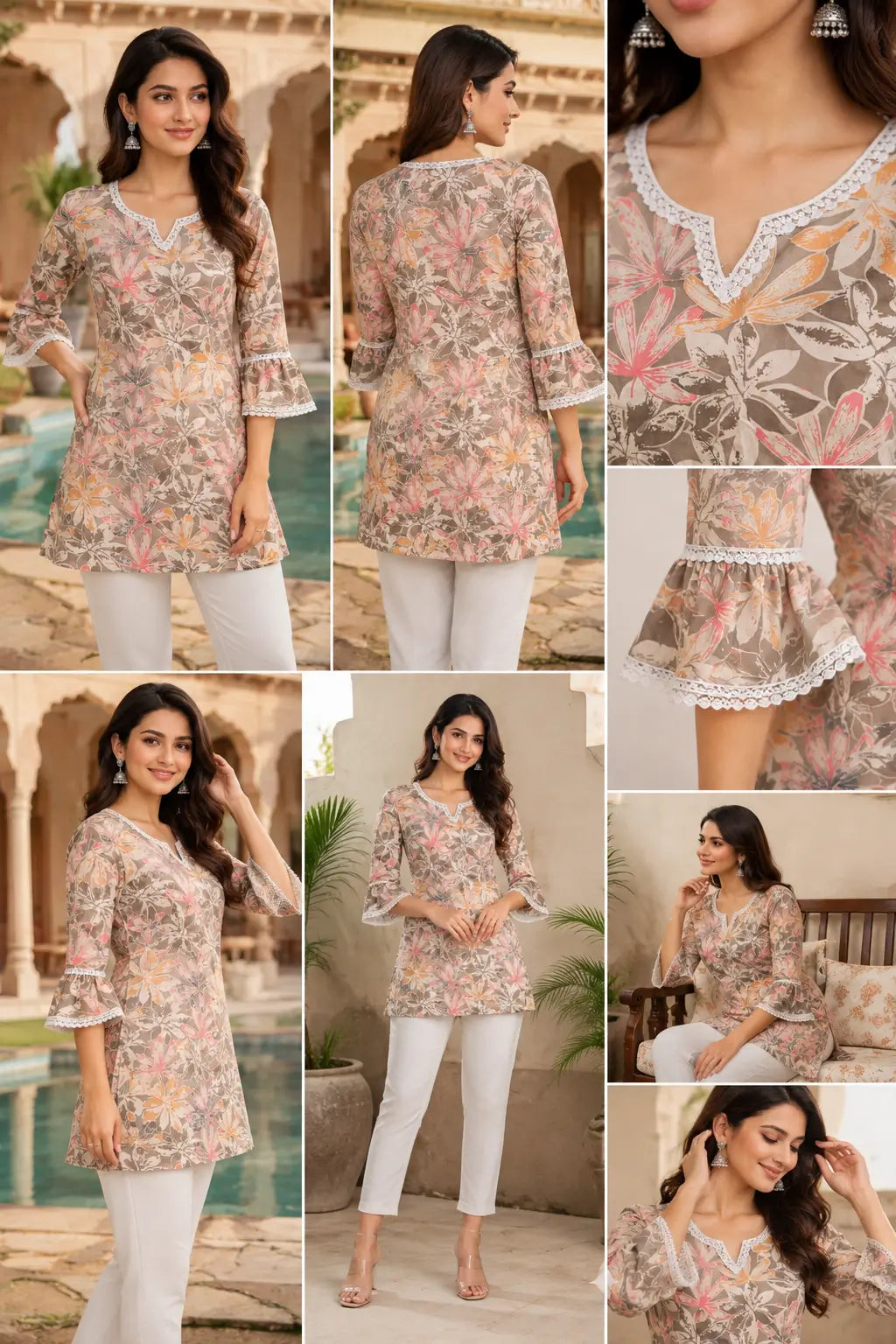 Layered bell sleeve design with lace border on women floral cotton short top