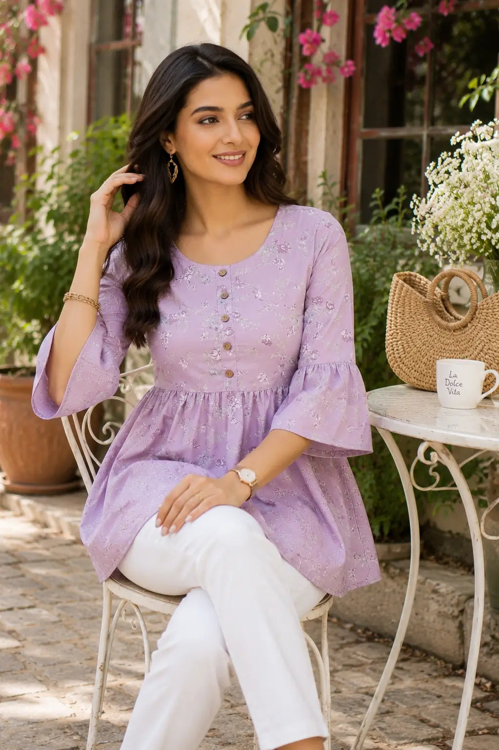 Women casual sitting pose wearing lavender floral cotton short kurti with elegant accessories