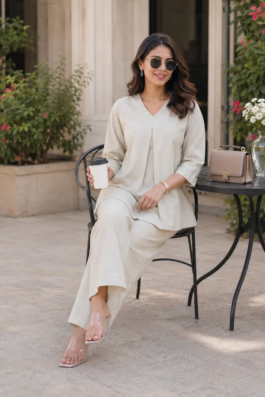 Rabric light beige cotton co-ord set for women in cafe sitting pose with V-neck pleated top, wide pajama and casual accessories