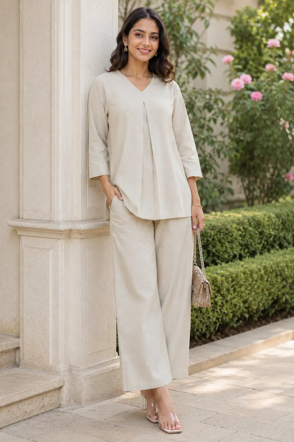 Rabric light beige cotton co-ord set for women casual day out styling with solid V-neck top and wide pajama pants
