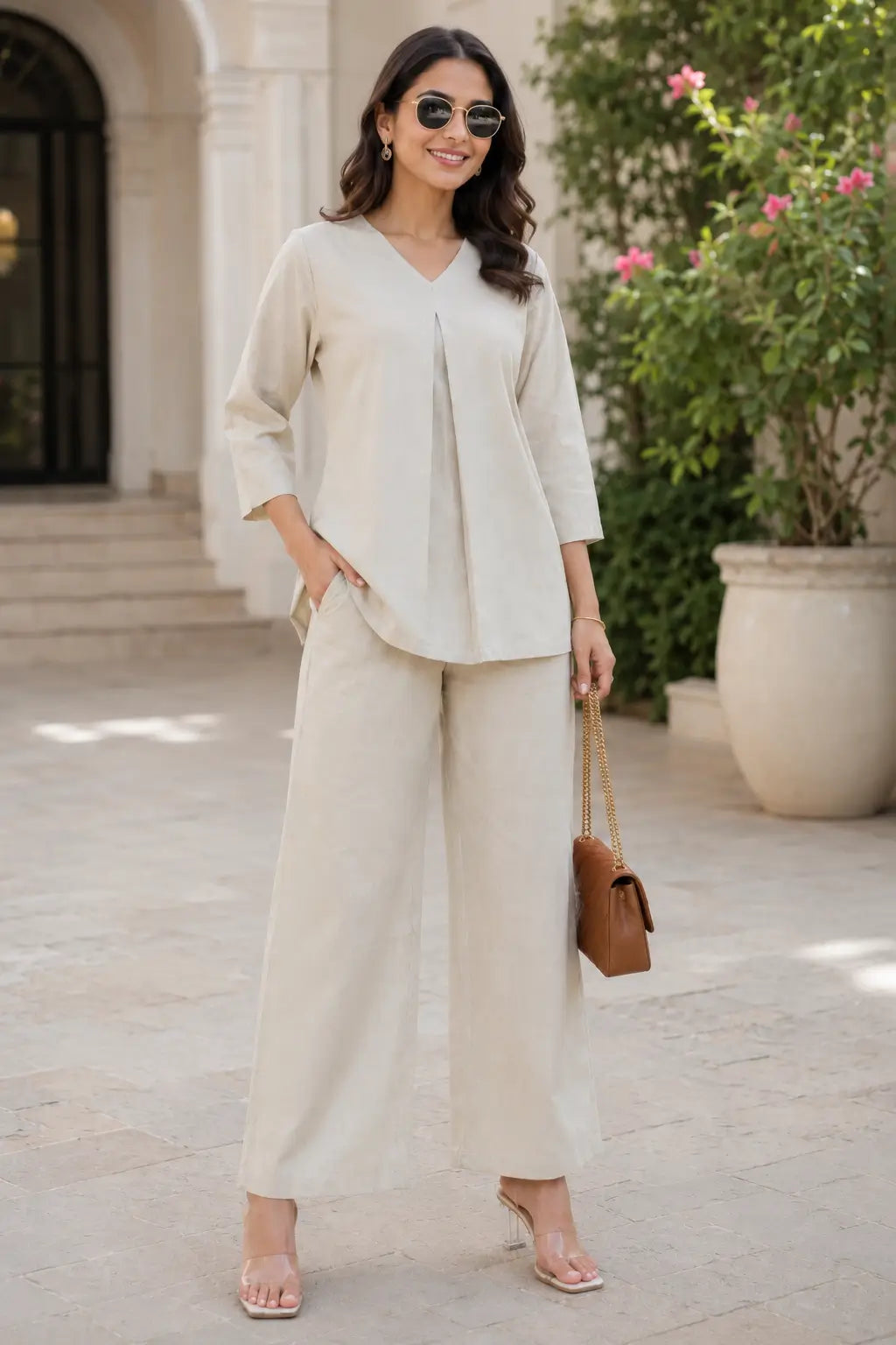 Rabric light beige cotton solid co-ord set side view with relaxed V-neck top and wide pajama pants for women