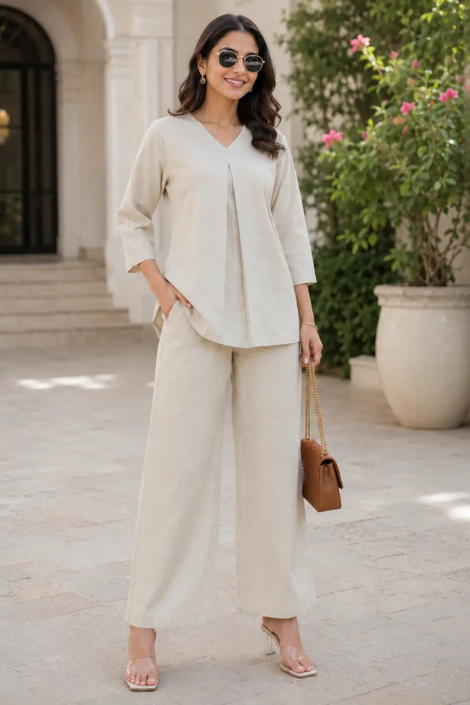 Rabric light beige cotton solid co-ord set side view with relaxed V-neck top and wide pajama pants for women
