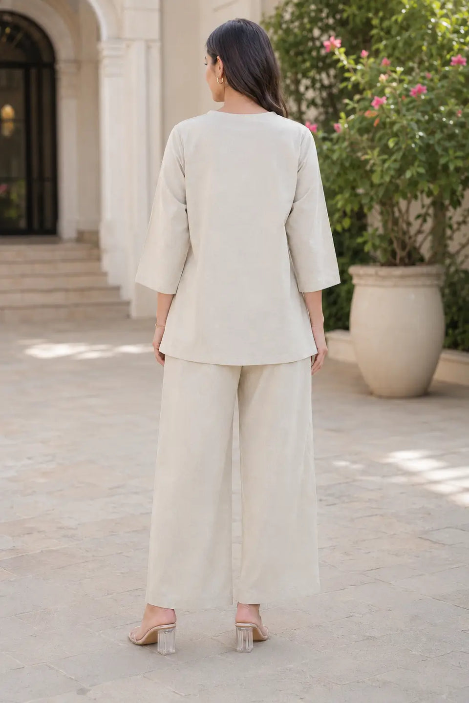 Rabric light beige cotton solid co-ord set back view showing plain cotton top and wide pajama for women