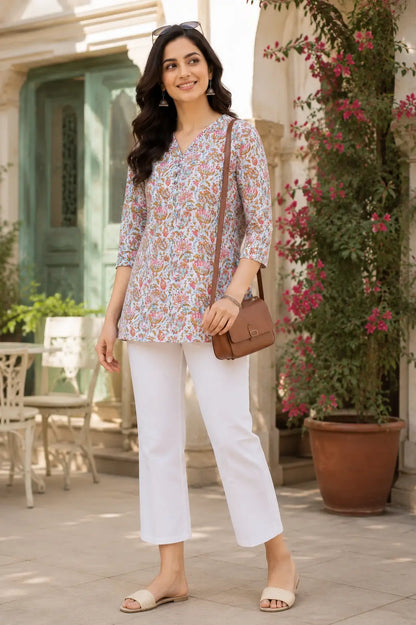 Rabric women light blue floral cotton short top styled with white pants casual chic lifestyle fashion look