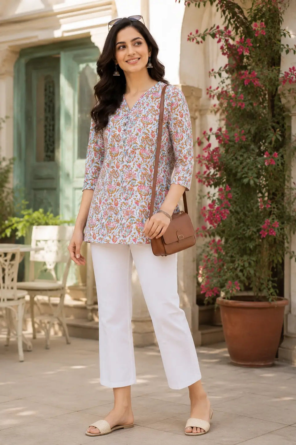 Rabric women light blue floral cotton short top styled with white pants casual chic lifestyle fashion look